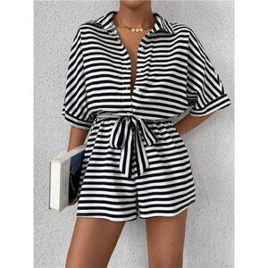 Tie Waist Half Button Striped Romper